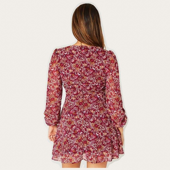 Dorsetta Floral Dress Long Sleeve Burgundy SMALL S - Picture 3 of 6